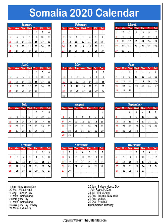 Somalia Printable Calendar 2020